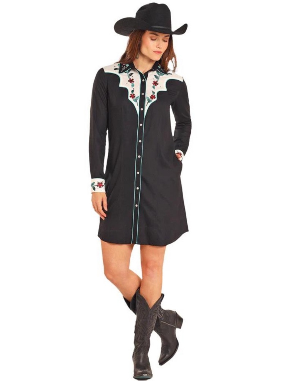 Panhandle Long Sleeve Embroidered Western Cowgirl Button Front Dress